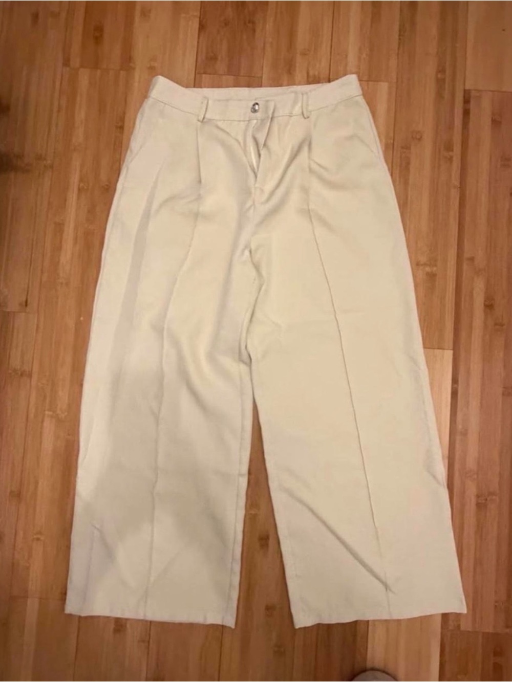 Wide Leg High-Waist Cream Trousers - Picture 3 of 3